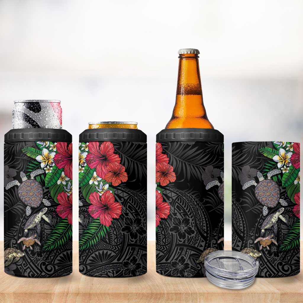 Hawaiian Tropical Plants and Turtles 4 in 1 Can Cooler Tumbler Polynesian Art Motifs