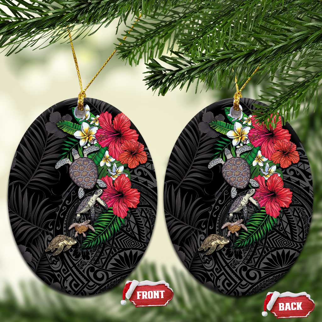 Hawaiian Tropical Plants and Turtles Ceramic Ornament Polynesian Art Motifs LT03 Oval Black - Polynesian Pride