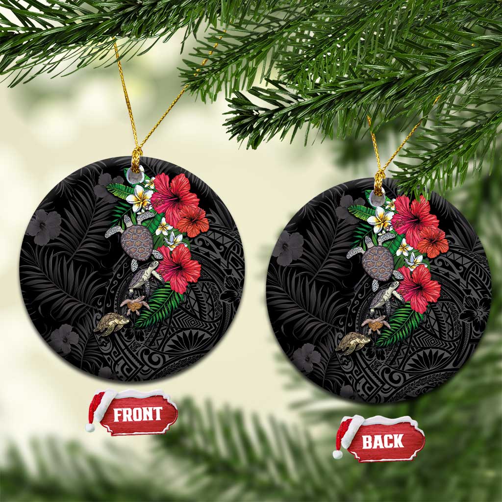 Hawaiian Tropical Plants and Turtles Ceramic Ornament Polynesian Art Motifs LT03 Circle Black - Polynesian Pride