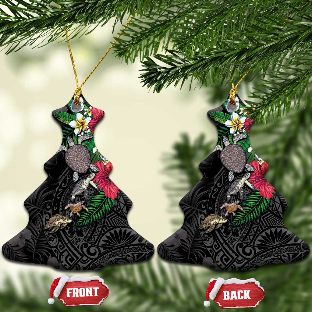 Hawaiian Tropical Plants and Turtles Ceramic Ornament Polynesian Art Motifs LT03 Christmas Tree Black - Polynesian Pride