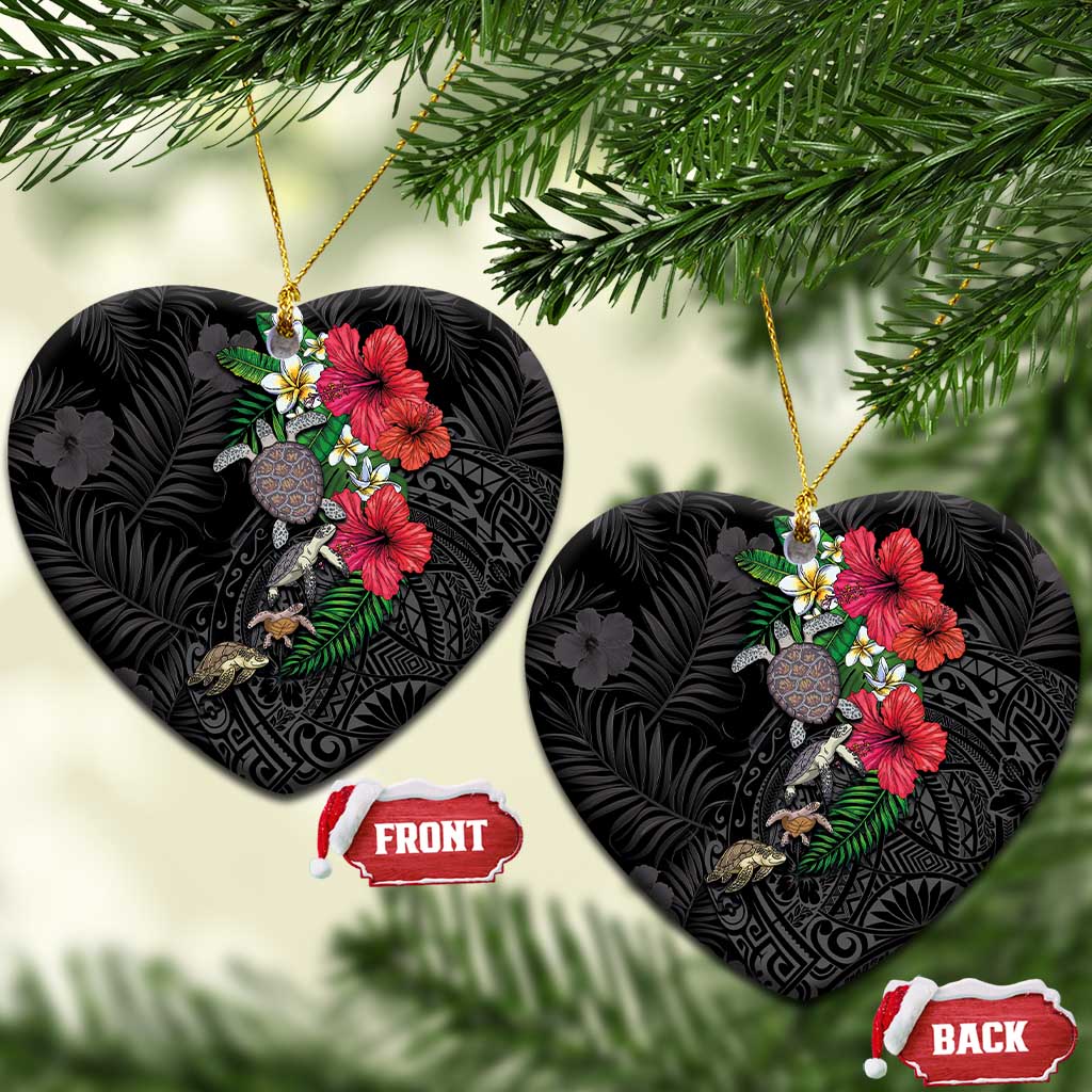 Hawaiian Tropical Plants and Turtles Ceramic Ornament Polynesian Art Motifs LT03 Heart Black - Polynesian Pride