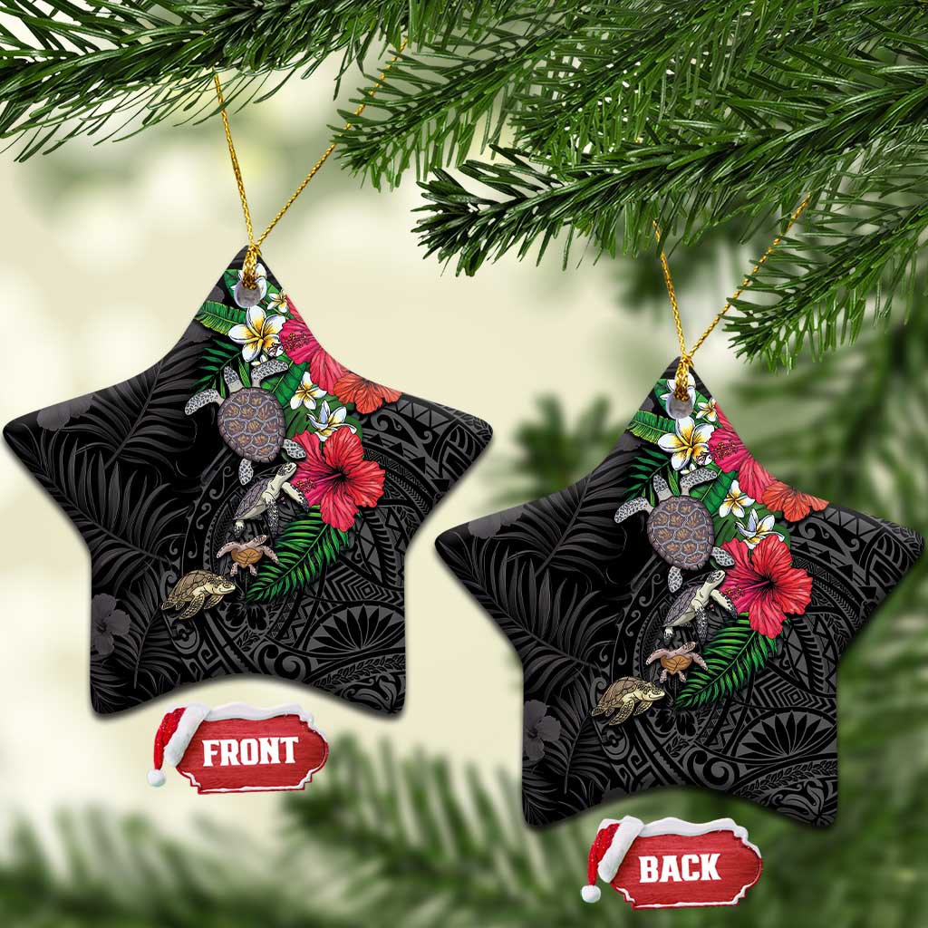Hawaiian Tropical Plants and Turtles Ceramic Ornament Polynesian Art Motifs LT03 Star Black - Polynesian Pride