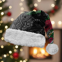 Hawaiian Tropical Plants and Turtles Christmas Santa Hat Polynesian Art Motifs LT03 With Fur Black - Polynesian Pride