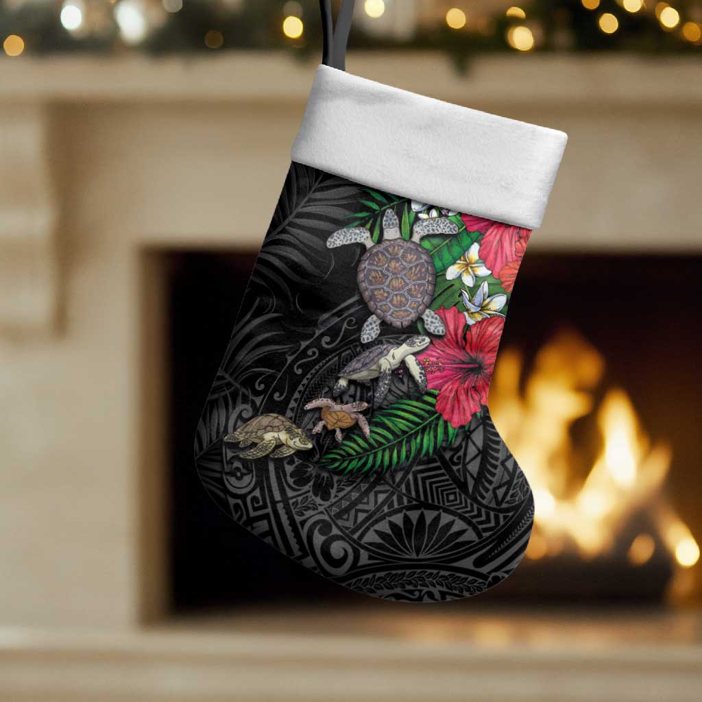 Hawaiian Tropical Plants and Turtles Christmas Stocking Polynesian Art Motifs LT03 Set of 2 Black - Polynesian Pride