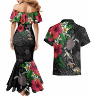 Hawaiian Tropical Plants and Turtles Couples Matching Mermaid Dress and Hawaiian Shirt Polynesian Art Motifs
