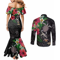 Hawaiian Tropical Plants and Turtles Couples Matching Mermaid Dress and Long Sleeve Button Shirt Polynesian Art Motifs