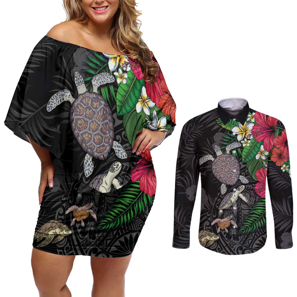 Hawaiian Tropical Plants and Turtles Couples Matching Off Shoulder Short Dress and Long Sleeve Button Shirt Polynesian Art Motifs LT03 Black - Polynesian Pride