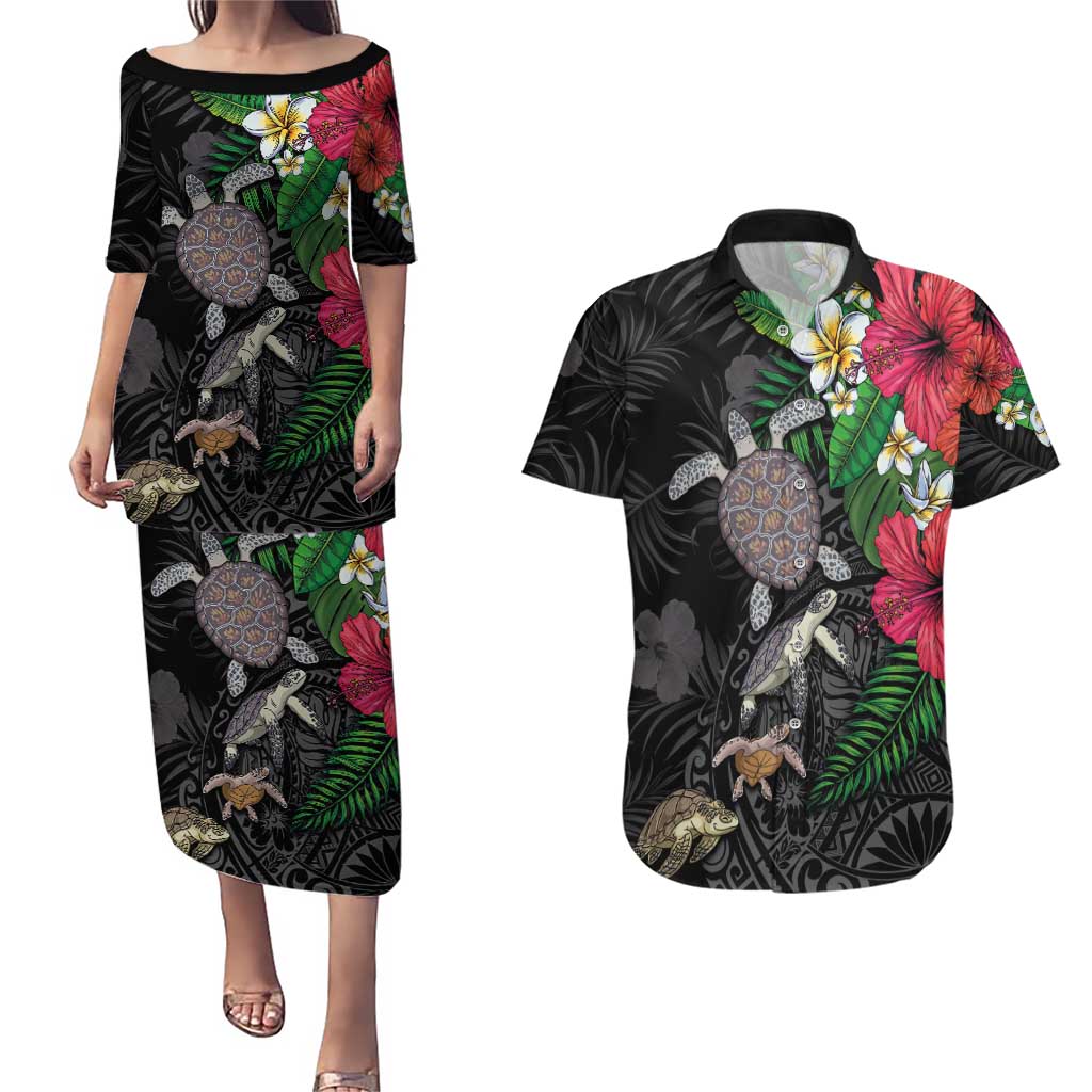 Hawaiian Tropical Plants and Turtles Couples Matching Puletasi and Hawaiian Shirt Polynesian Art Motifs LT03 Black - Polynesian Pride