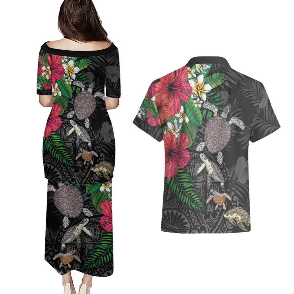 Hawaiian Tropical Plants and Turtles Couples Matching Puletasi and Hawaiian Shirt Polynesian Art Motifs