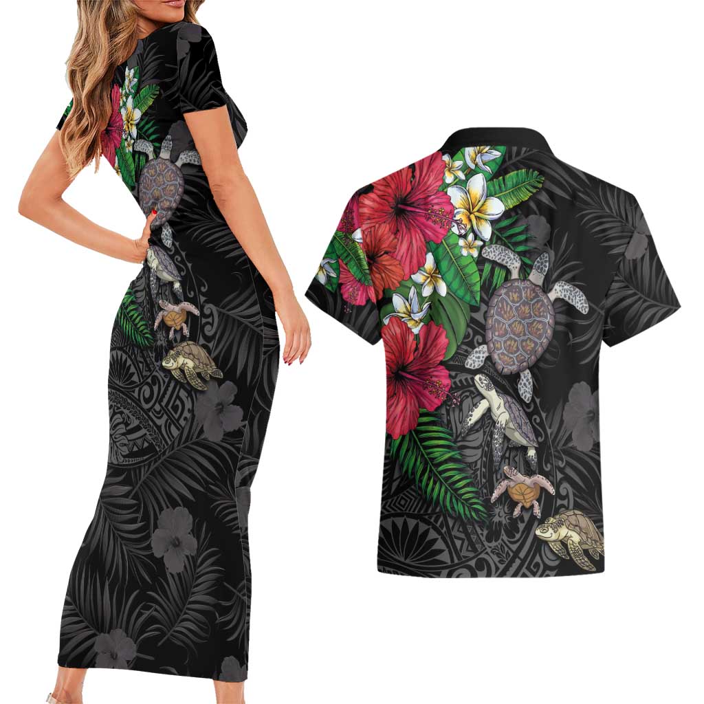 Hawaiian Tropical Plants and Turtles Couples Matching Short Sleeve Bodycon Dress and Hawaiian Shirt Polynesian Art Motifs