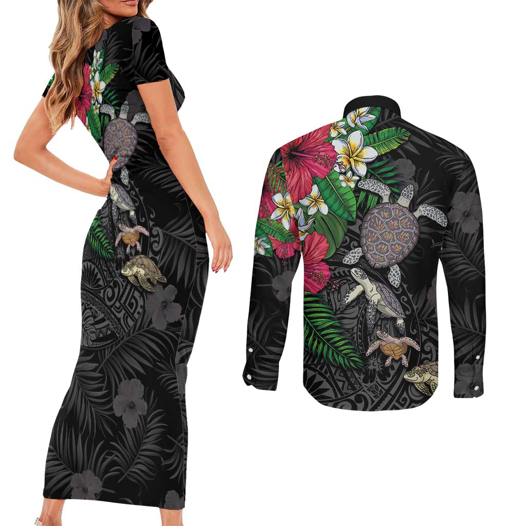 Hawaiian Tropical Plants and Turtles Couples Matching Short Sleeve Bodycon Dress and Long Sleeve Button Shirt Polynesian Art Motifs