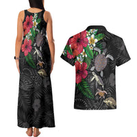 Hawaiian Tropical Plants and Turtles Couples Matching Tank Maxi Dress and Hawaiian Shirt Polynesian Art Motifs
