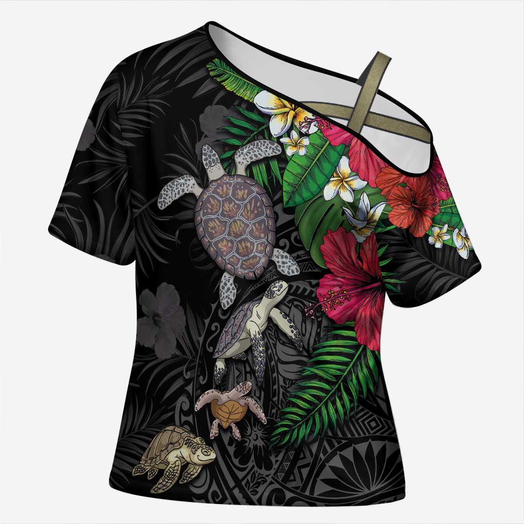 Hawaiian Tropical Plants and Turtles Cross Shoulder Shirt Polynesian Art Motifs LT03 Female Black - Polynesian Pride