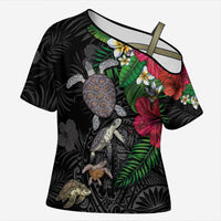 Hawaiian Tropical Plants and Turtles Cross Shoulder Shirt Polynesian Art Motifs LT03 Female Black - Polynesian Pride