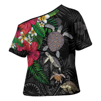 Hawaiian Tropical Plants and Turtles Cross Shoulder Shirt Polynesian Art Motifs LT03 - Polynesian Pride