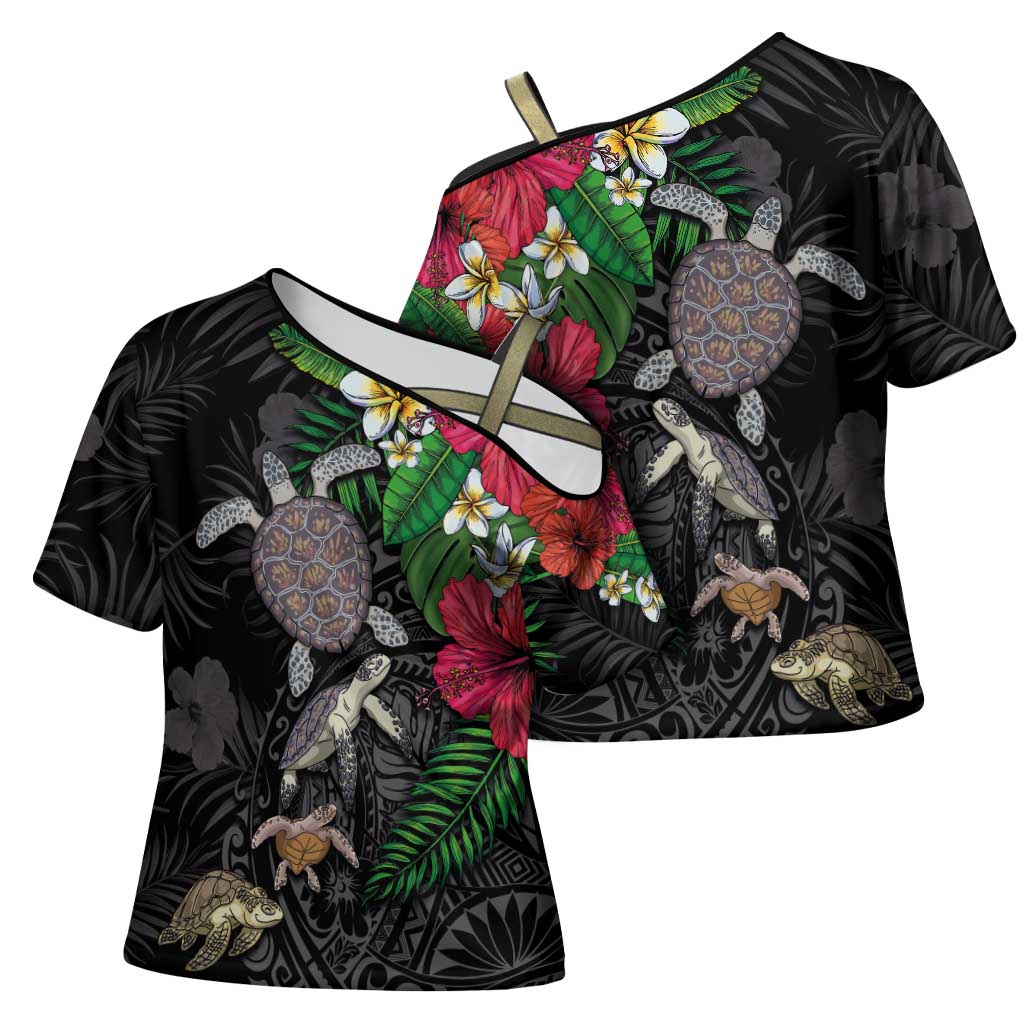 Hawaiian Tropical Plants and Turtles Cross Shoulder Shirt Polynesian Art Motifs LT03 - Polynesian Pride
