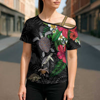 Hawaiian Tropical Plants and Turtles Cross Shoulder Shirt Polynesian Art Motifs LT03 - Polynesian Pride