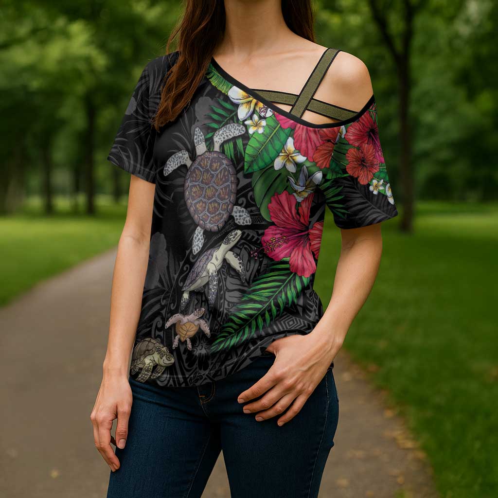 Hawaiian Tropical Plants and Turtles Cross Shoulder Shirt Polynesian Art Motifs LT03 - Polynesian Pride