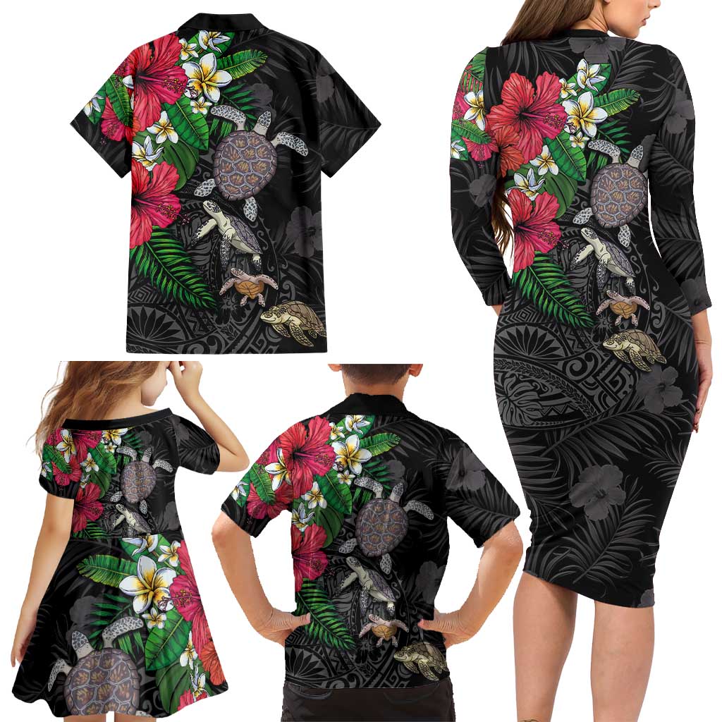 Hawaiian Tropical Plants and Turtles Family Matching Long Sleeve Bodycon Dress and Hawaiian Shirt Polynesian Art Motifs