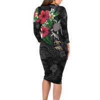 Hawaiian Tropical Plants and Turtles Family Matching Long Sleeve Bodycon Dress and Hawaiian Shirt Polynesian Art Motifs