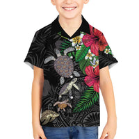 Hawaiian Tropical Plants and Turtles Family Matching Long Sleeve Bodycon Dress and Hawaiian Shirt Polynesian Art Motifs