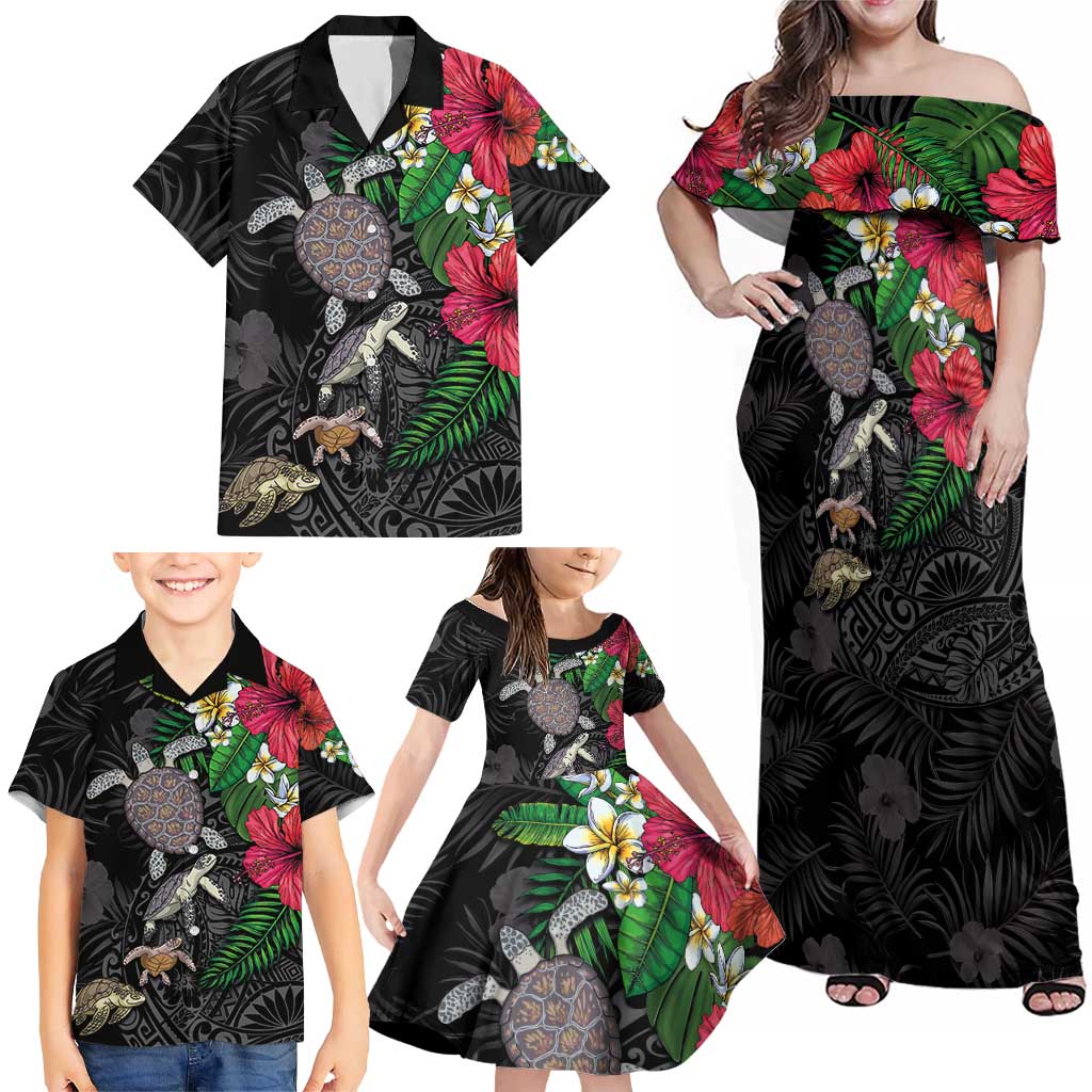 Hawaiian Tropical Plants and Turtles Family Matching Off Shoulder Maxi Dress and Hawaiian Shirt Polynesian Art Motifs LT03 - Polynesian Pride