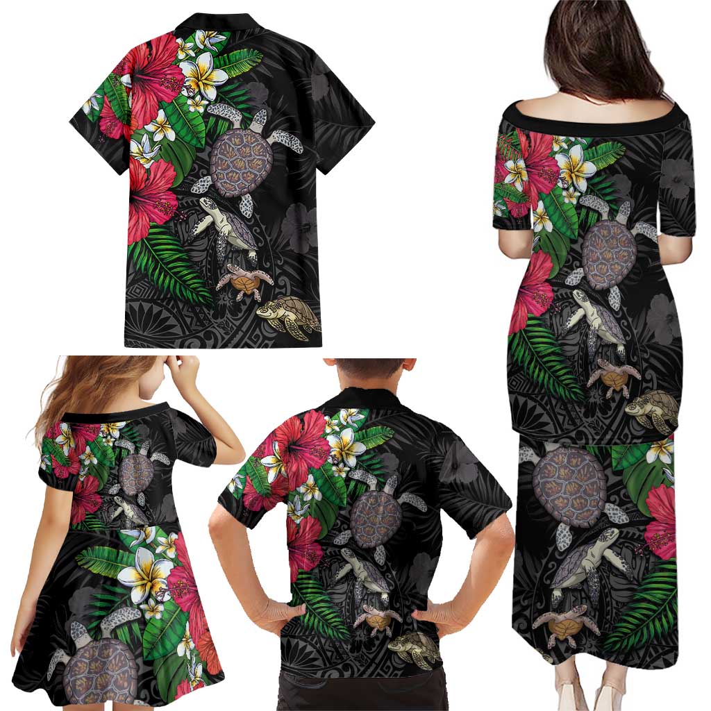 Hawaiian Tropical Plants and Turtles Family Matching Puletasi and Hawaiian Shirt Polynesian Art Motifs