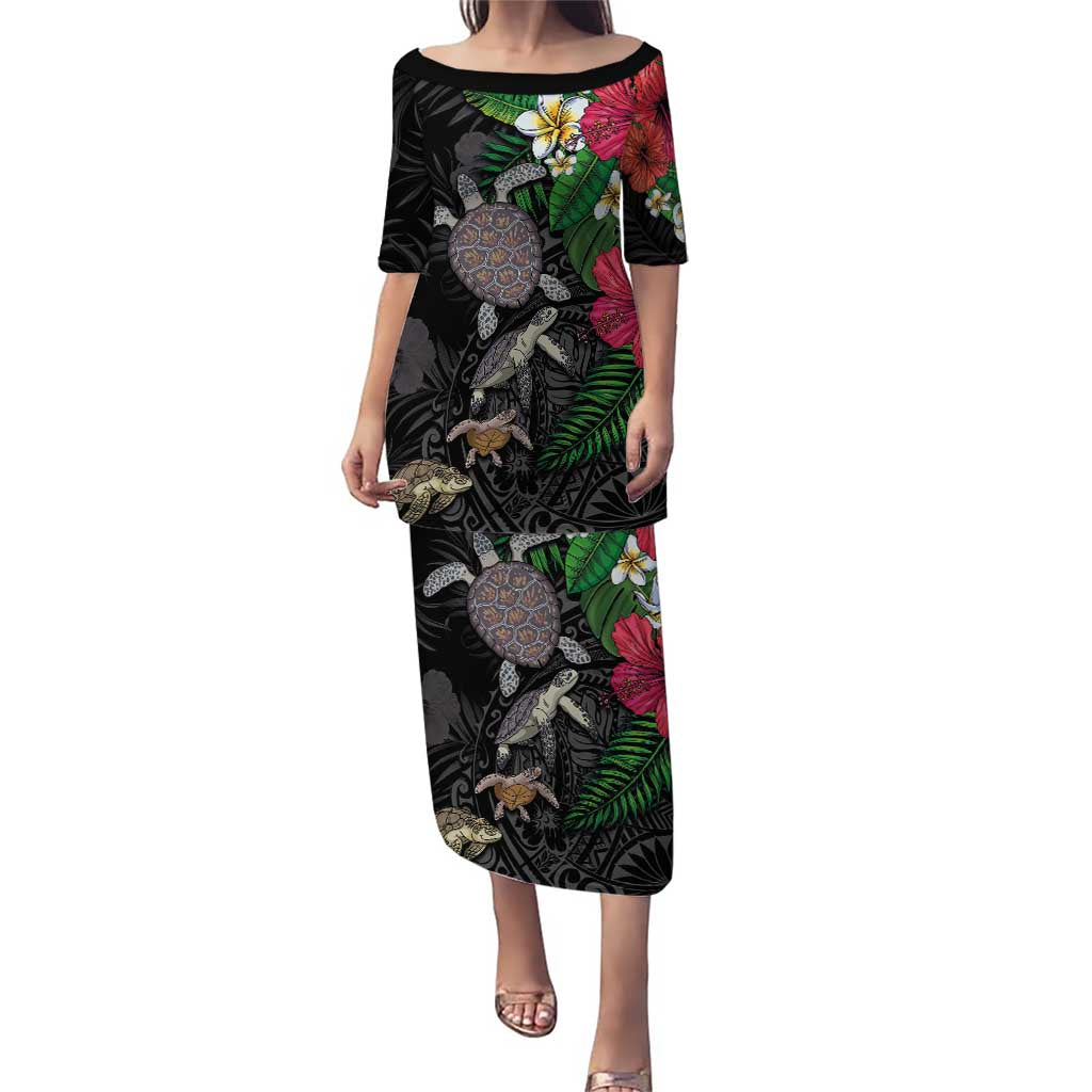 Hawaiian Tropical Plants and Turtles Family Matching Puletasi and Hawaiian Shirt Polynesian Art Motifs