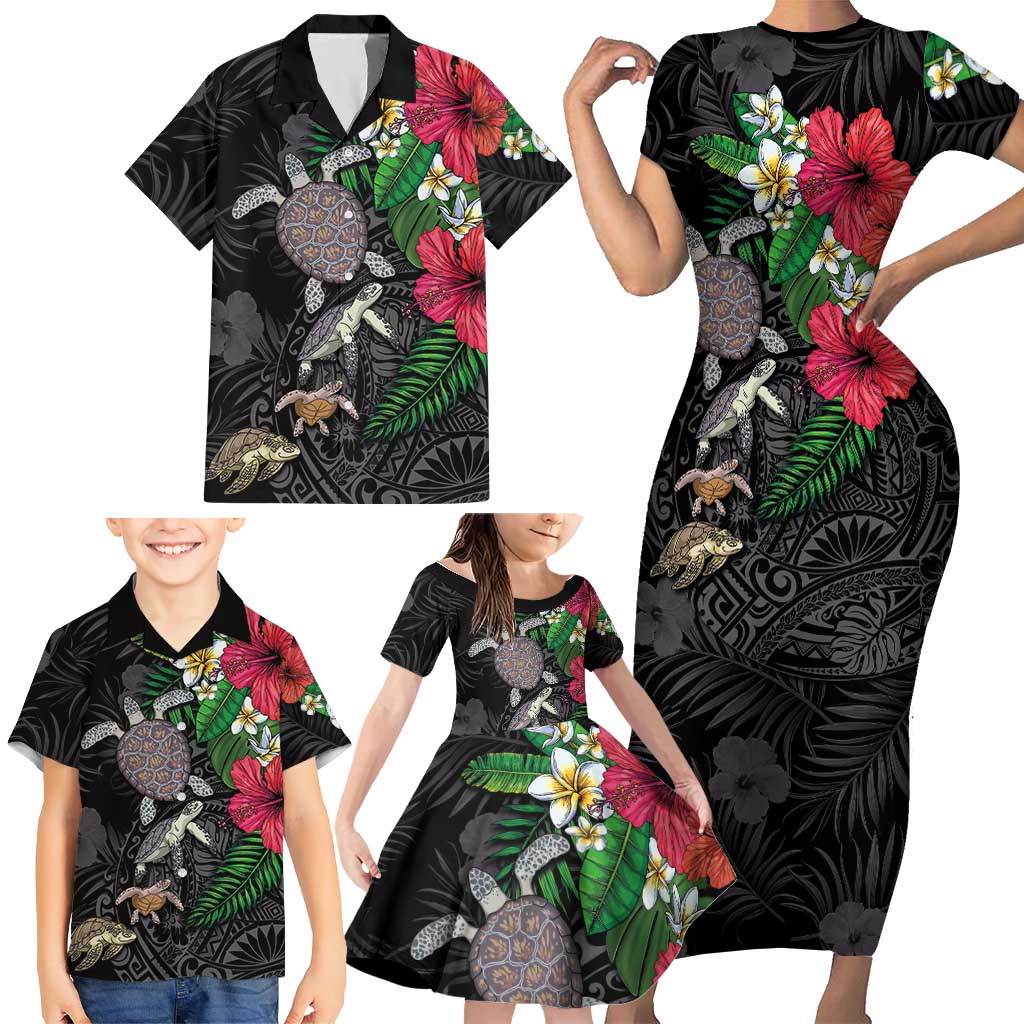 Hawaiian Tropical Plants and Turtles Family Matching Short Sleeve Bodycon Dress and Hawaiian Shirt Polynesian Art Motifs