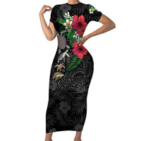 Hawaiian Tropical Plants and Turtles Family Matching Short Sleeve Bodycon Dress and Hawaiian Shirt Polynesian Art Motifs