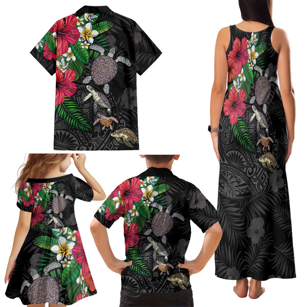 Hawaiian Tropical Plants and Turtles Family Matching Tank Maxi Dress and Hawaiian Shirt Polynesian Art Motifs