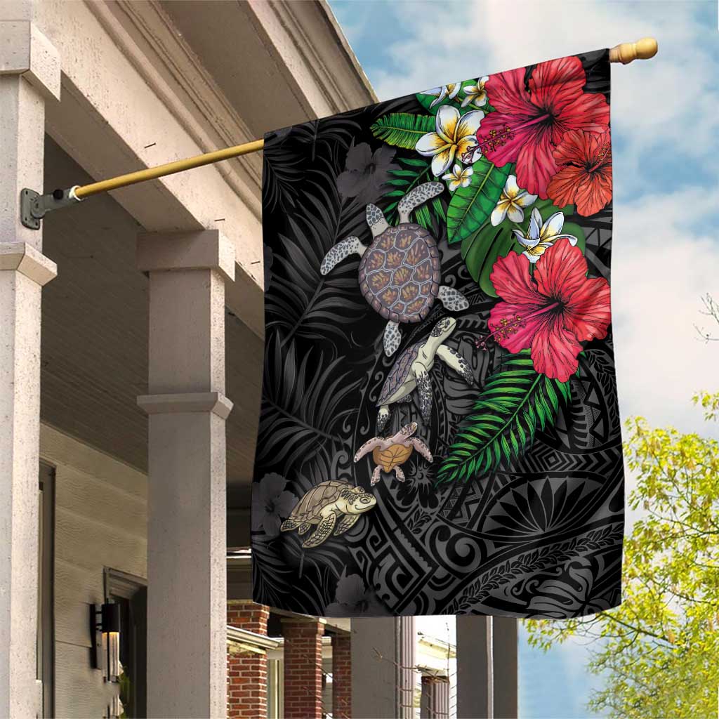 Hawaiian Tropical Plants and Turtles Garden Flag Polynesian Art Motifs LT03 House Flag Black - Polynesian Pride