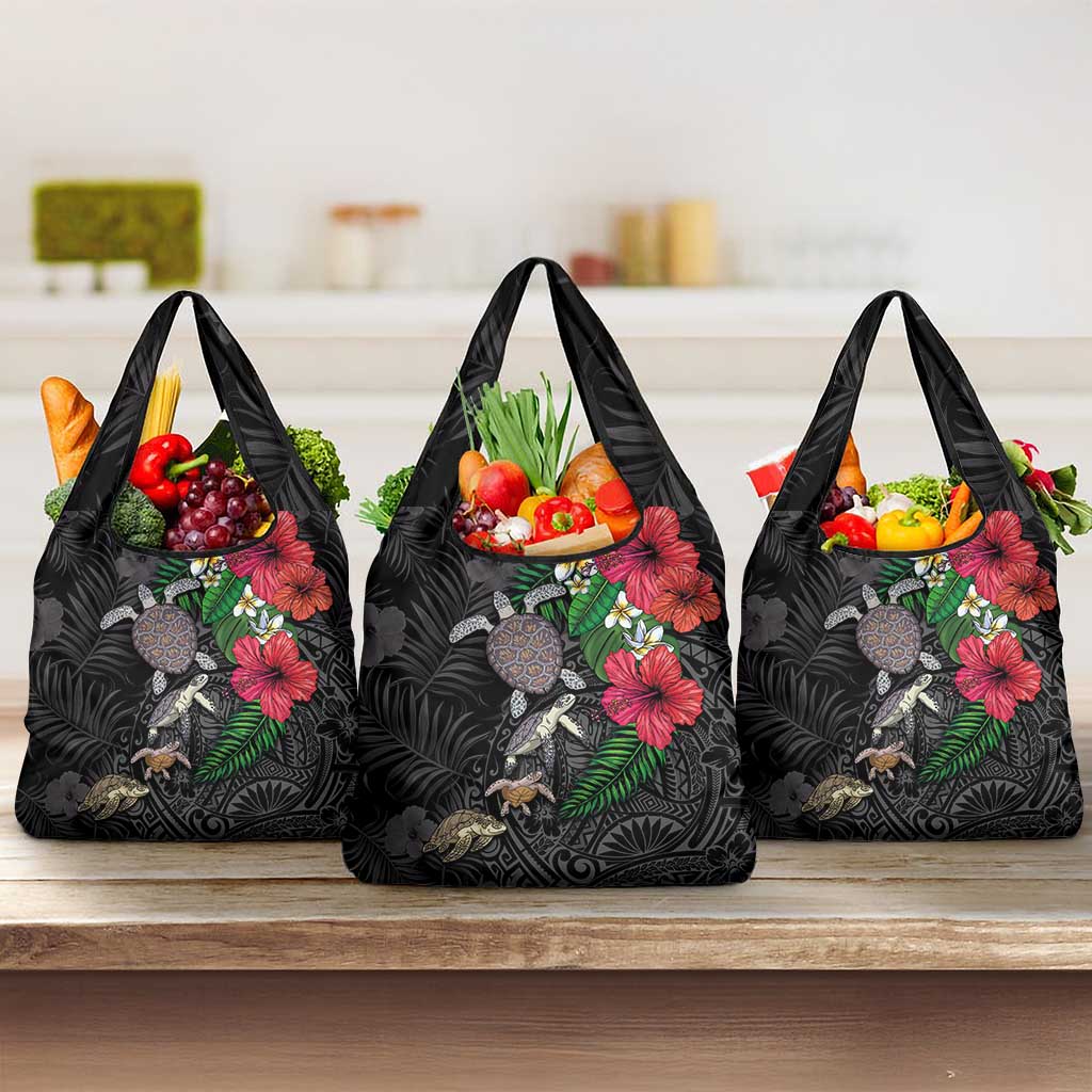 Hawaiian Tropical Plants and Turtles Grocery Bag Polynesian Art Motifs LT03 3-pack One Size Black - Polynesian Pride