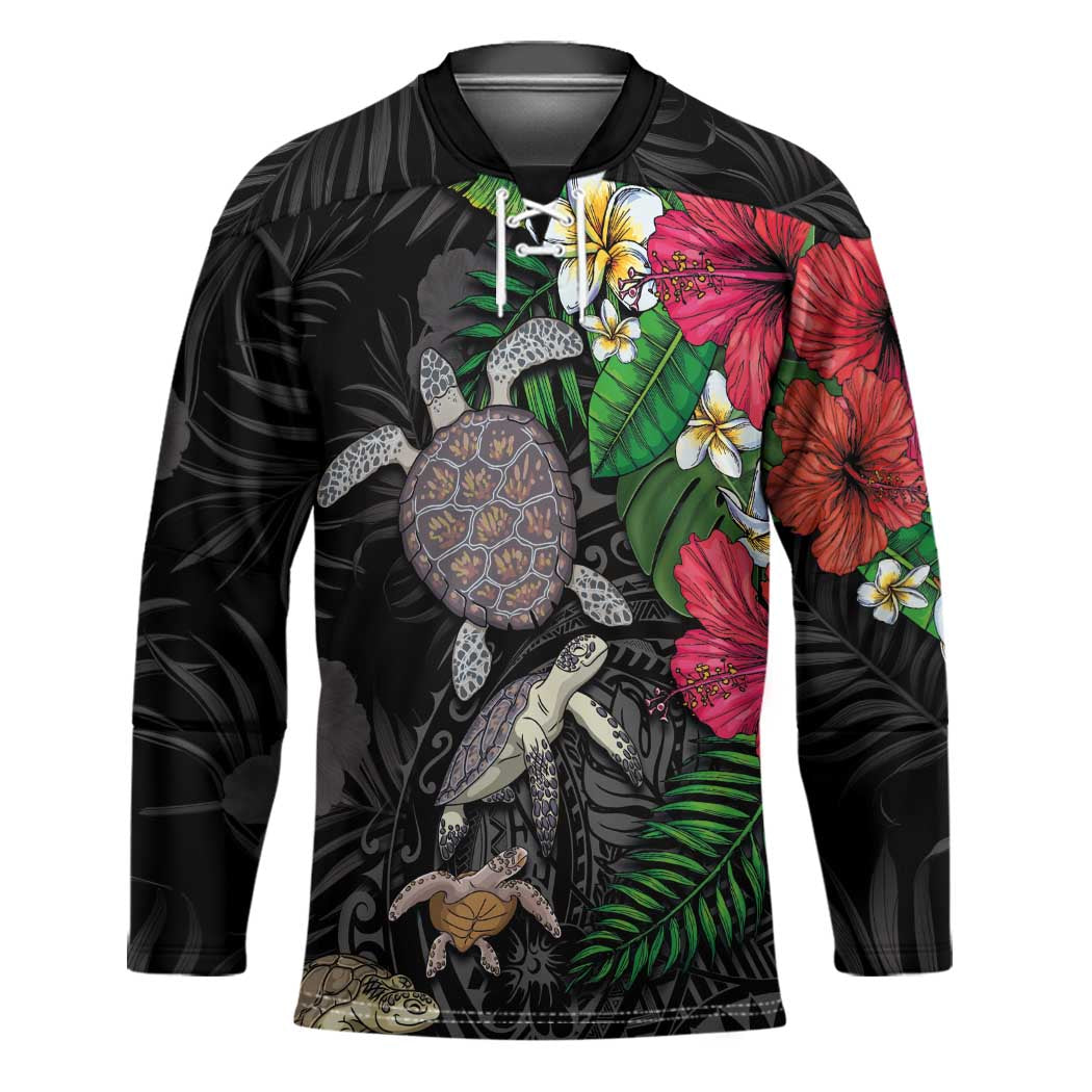 Hawaiian Tropical Plants and Turtles Hockey Jersey Polynesian Art Motifs LT03 Unisex Black - Polynesian Pride