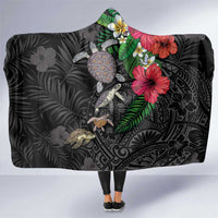 Hawaiian Tropical Plants and Turtles Hooded Blanket Polynesian Art Motifs LT03 One Size Black - Polynesian Pride