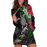 Hawaiian Tropical Plants and Turtles Hoodie Dress Polynesian Art Motifs LT03 Black - Polynesian Pride