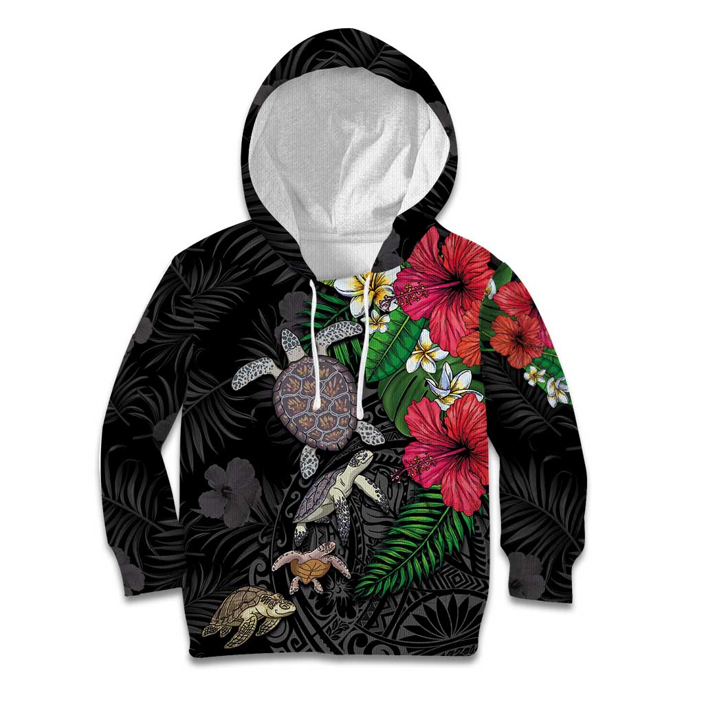 Hawaiian Tropical Plants and Turtles Kid Hoodie Polynesian Art Motifs LT03 Hoodie Black - Polynesian Pride