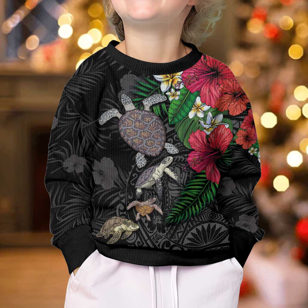 Hawaiian Tropical Plants and Turtles Kid Ugly Christmas Sweater Polynesian Art Motifs LT03 - Polynesian Pride