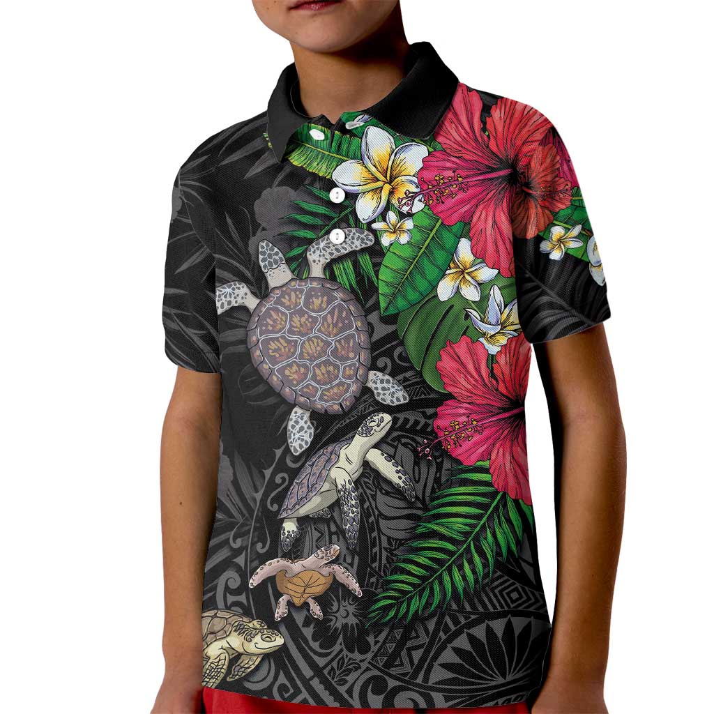 Hawaiian Tropical Plants and Turtles Kid Polo Shirt Polynesian Art Motifs LT03 Kid Black - Polynesian Pride