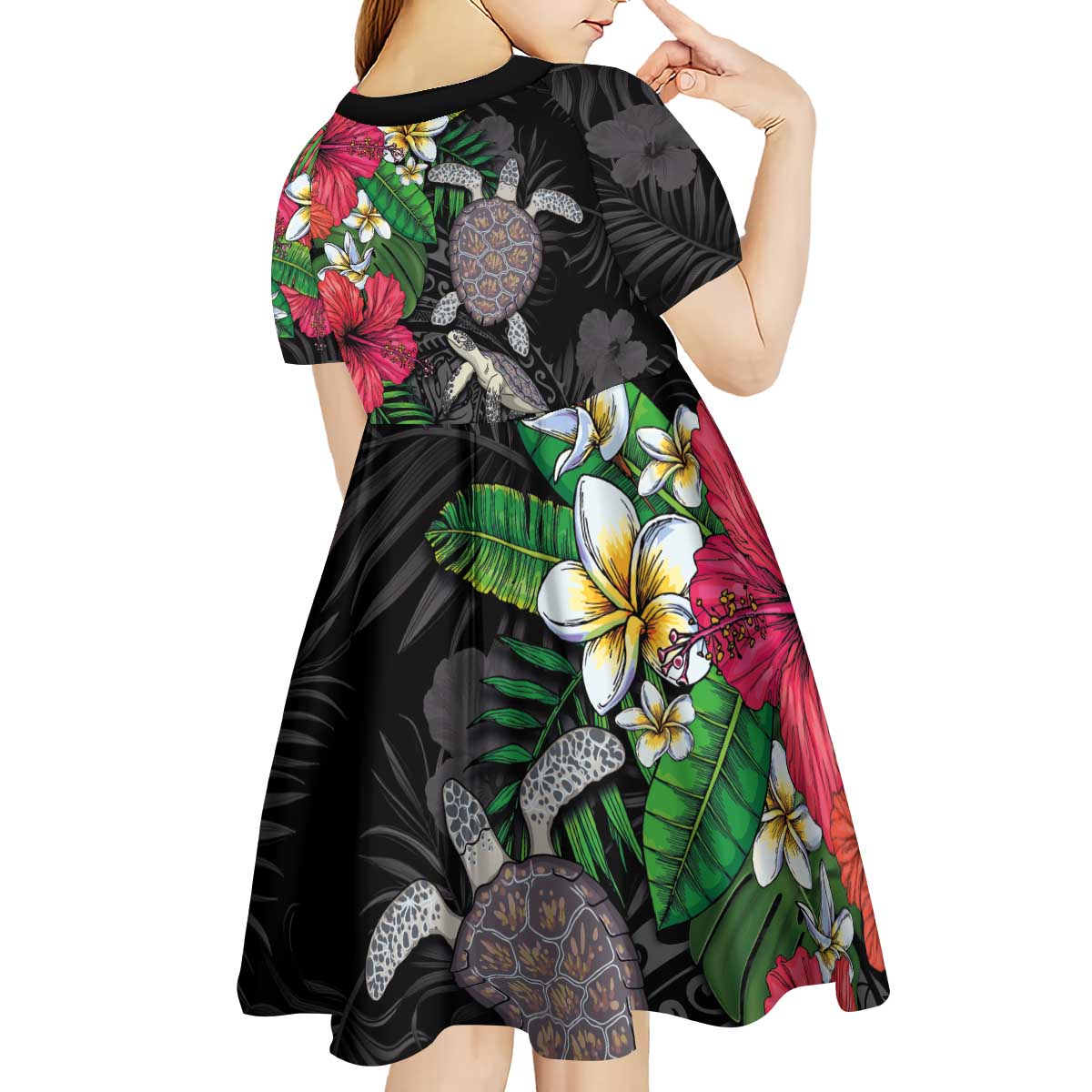 Hawaiian Tropical Plants and Turtles Kid Short Sleeve Dress Polynesian Art Motifs LT03 - Polynesian Pride