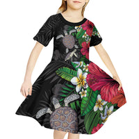 Hawaiian Tropical Plants and Turtles Kid Short Sleeve Dress Polynesian Art Motifs LT03 - Polynesian Pride