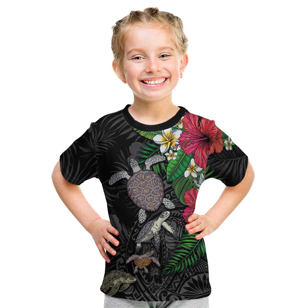 Hawaiian Tropical Plants and Turtles Kid T Shirt Polynesian Art Motifs LT03 Black - Polynesian Pride