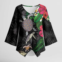 Hawaiian Tropical Plants and Turtles Kimono Sleeve Blouse Polynesian Art Motifs
