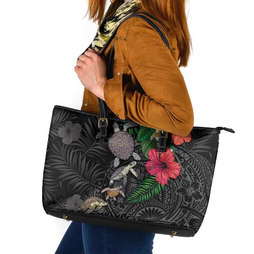 Hawaiian Tropical Plants and Turtles Leather Tote Bag Polynesian Art Motifs LT03 Black - Polynesian Pride