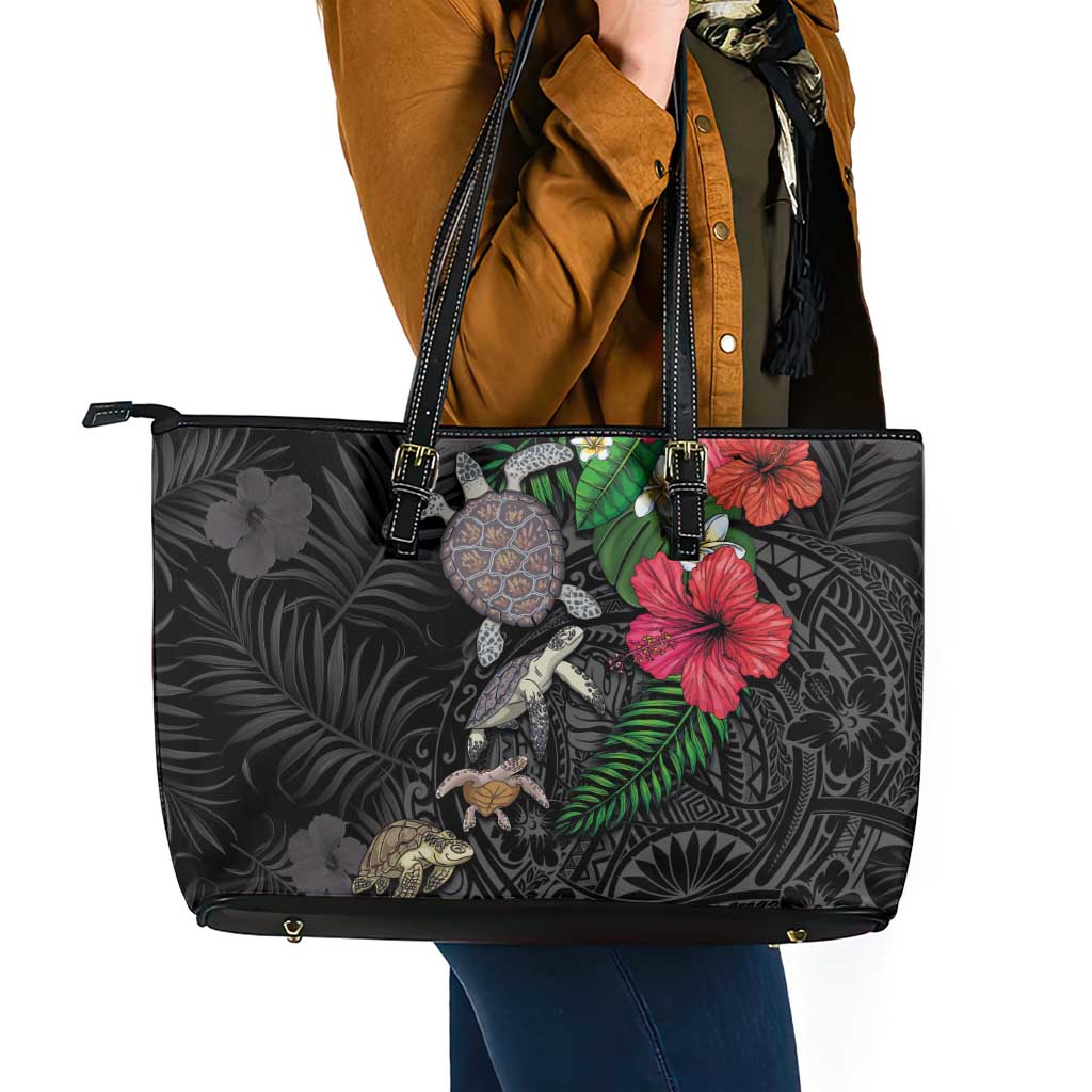 Hawaiian Tropical Plants and Turtles Leather Tote Bag Polynesian Art Motifs LT03 - Polynesian Pride
