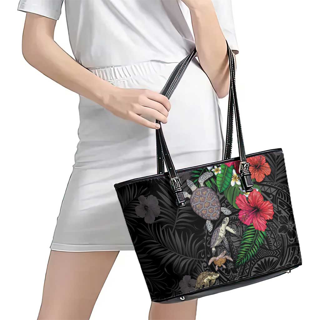 Hawaiian Tropical Plants and Turtles Leather Tote Bag Polynesian Art Motifs LT03 - Polynesian Pride