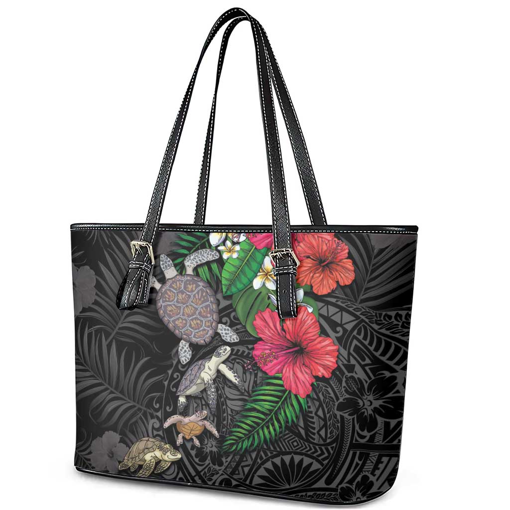 Hawaiian Tropical Plants and Turtles Leather Tote Bag Polynesian Art Motifs LT03 - Polynesian Pride