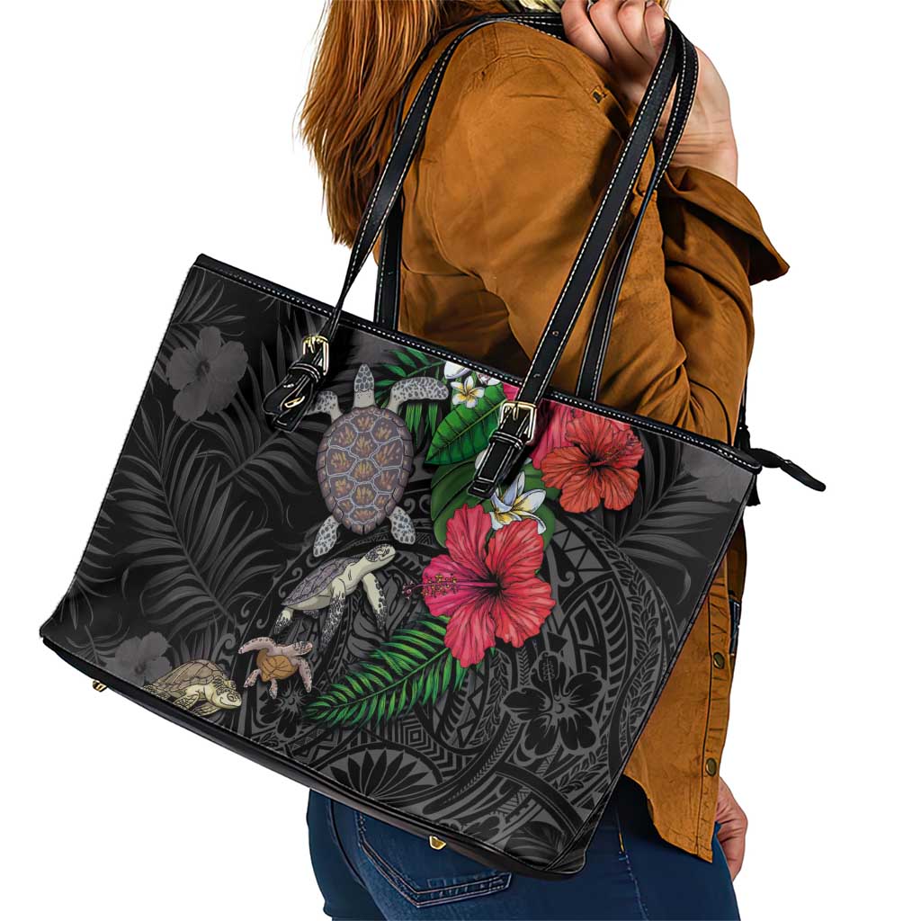 Hawaiian Tropical Plants and Turtles Leather Tote Bag Polynesian Art Motifs LT03 - Polynesian Pride