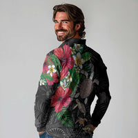 Hawaiian Tropical Plants and Turtles Long Sleeve Polo Shirt Polynesian Art Motifs