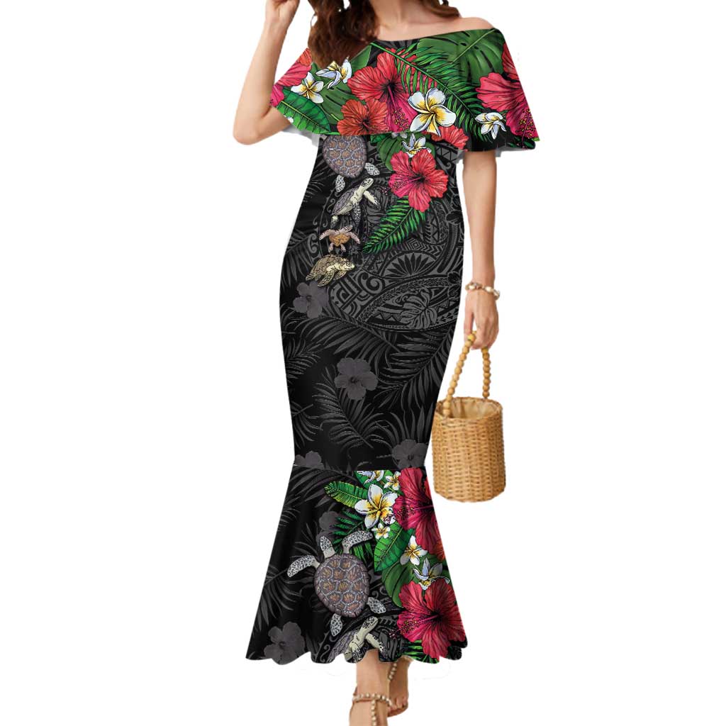 Hawaiian Tropical Plants and Turtles Mermaid Dress Polynesian Art Motifs LT03 Women Black - Polynesian Pride